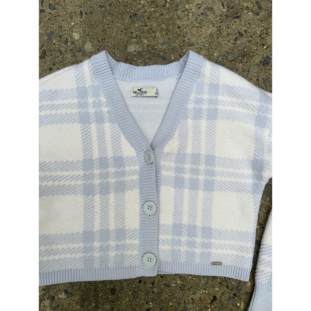 Hollister Blue White Plaid Cropped Cardigan Sweater Buttons V-Neck Womens Small - Picture 4 of 10